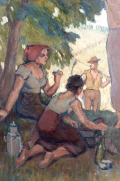 Huile sur panneau isorel – Les moissonneurs en pause c. 1930–1940