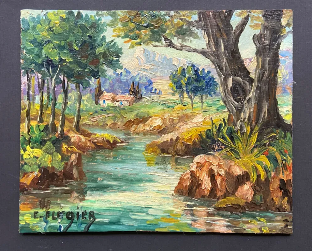 Huile sur panneau signée Edmond Flégier – paysage provençal vers 1950