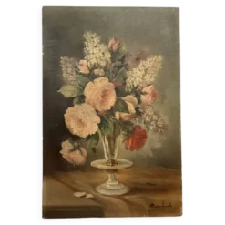 Huile sur toile ancienne signée Lambert – Bouquet de fleurs vers 1930