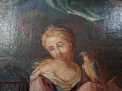 Huile sur toile du début du XVIIIᵉ siècle – Jeune femme au perroquet