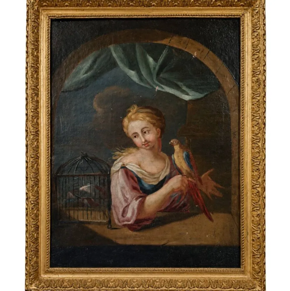 Huile sur toile du début du XVIIIᵉ siècle – Jeune femme au perroquet
