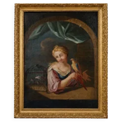 Huile sur toile du début du XVIIIᵉ siècle – Jeune femme au perroquet
