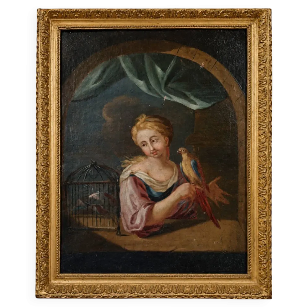 Huile sur toile du début du XVIIIᵉ siècle – Jeune femme au perroquet