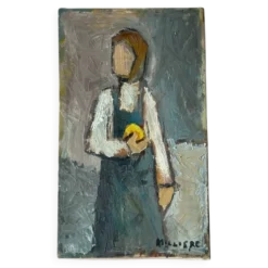 Huile sur toile « Jeune fille au fruit » XXeme, signé