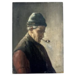 Huile sur toile marouflée sur panneau de chêne - Portrait de fumeur de pipe