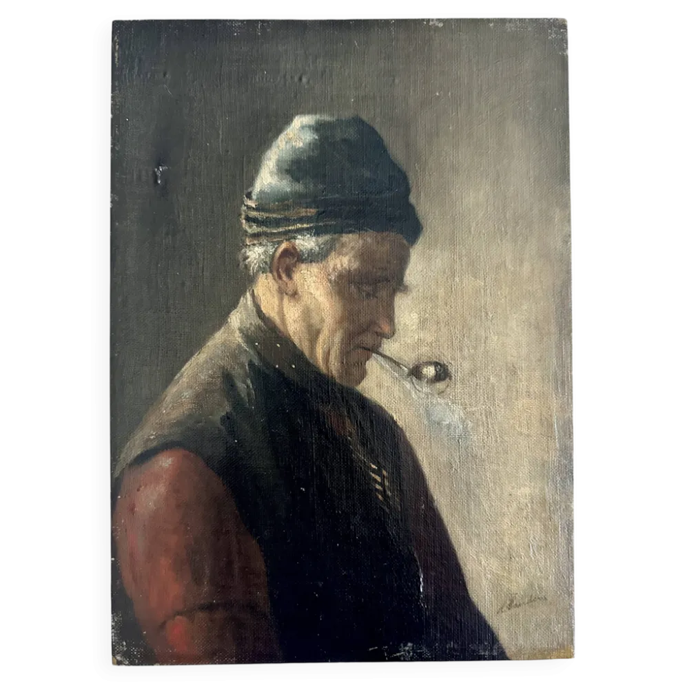 Huile sur toile marouflée sur panneau de chêne - Portrait de fumeur de pipe