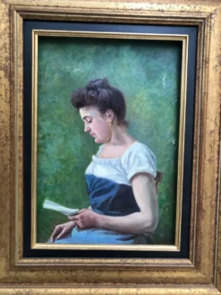 Huile sur toile 19éme la liseuse au jardin