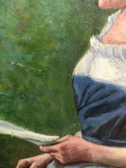 Huile sur toile 19éme la liseuse au jardin