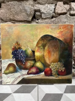 Huile sur toile nature morte « Fruits automne » 55x46cm