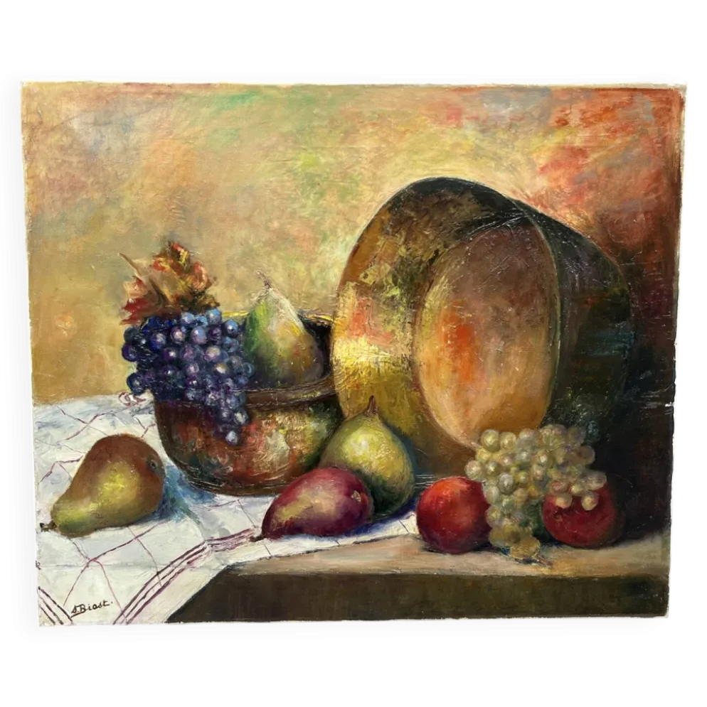 Huile sur toile nature morte « Fruits automne » 55x46cm