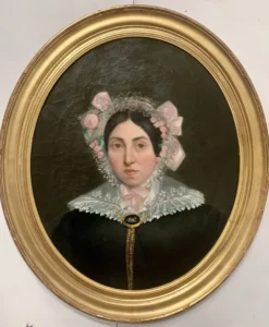 Huile sur toile Paire de portrait en cadre ovale doré XIX siècle
