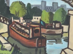 Huile sur toile Péniches sur la Seine, G. Delaire, XXe siècle