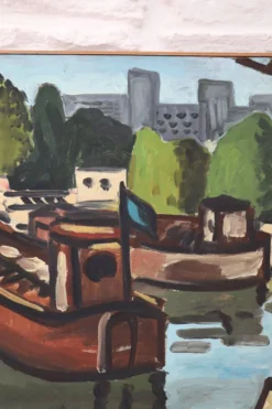 Huile sur toile Péniches sur la Seine, G. Delaire, XXe siècle