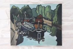 Huile sur toile Péniches sur la Seine, G. Delaire, XXe siècle