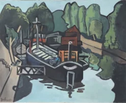 Huile sur toile Péniches sur la Seine, G. Delaire, XXe siècle