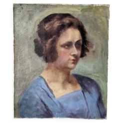 Huile sur toile portrait ancien décoration campagne bohème
