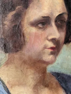 Huile sur toile portrait ancien décoration campagne bohème