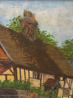 Huile sur toile signée, paysage de village normand, 1992