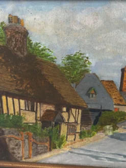 Huile sur toile signée, paysage de village normand, 1992