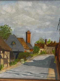 Huile sur toile signée, paysage de village normand, 1992