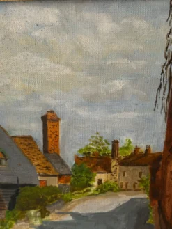 Huile sur toile signée, paysage de village normand, 1992