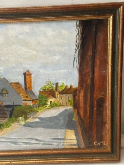 Huile sur toile signée, paysage de village normand, 1992