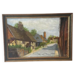 Huile sur toile signée, paysage de village normand, 1992