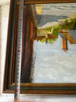 Huile sur toile signée, paysage de village normand, 1992