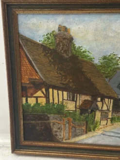 Huile sur toile signée, paysage de village normand, 1992