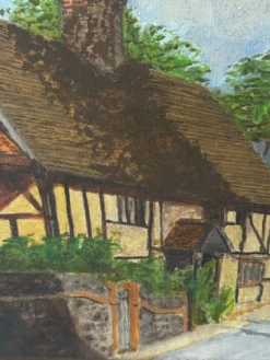 Huile sur toile signée, paysage de village normand, 1992