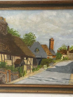 Huile sur toile signée, paysage de village normand, 1992