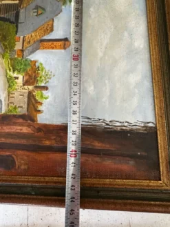 Huile sur toile signée, paysage de village normand, 1992