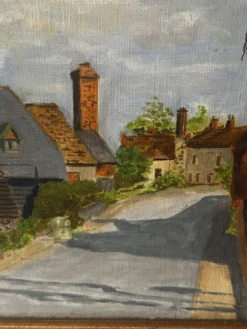 Huile sur toile signée, paysage de village normand, 1992