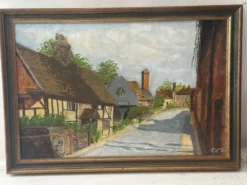 Huile sur toile signée, paysage de village normand, 1992