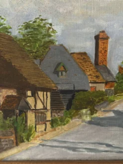Huile sur toile signée, paysage de village normand, 1992