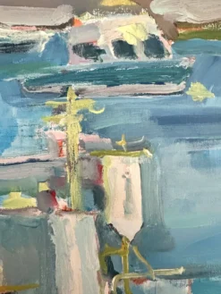 Huile sur toile signée, port de pêche aux barques colorées