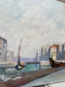 Huile sur toile « un petit port tranquille » années 80