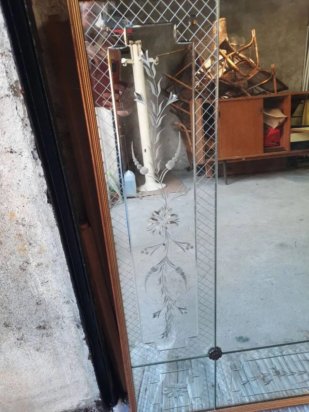Immense miroir vénitien – 202 cm – verre gravé & biseauté – bois doré
