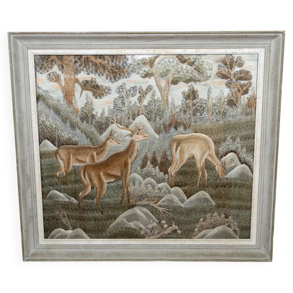 Importante tenture Indochinoise brodée de Soie, Cerfs en forêt, vers 1940