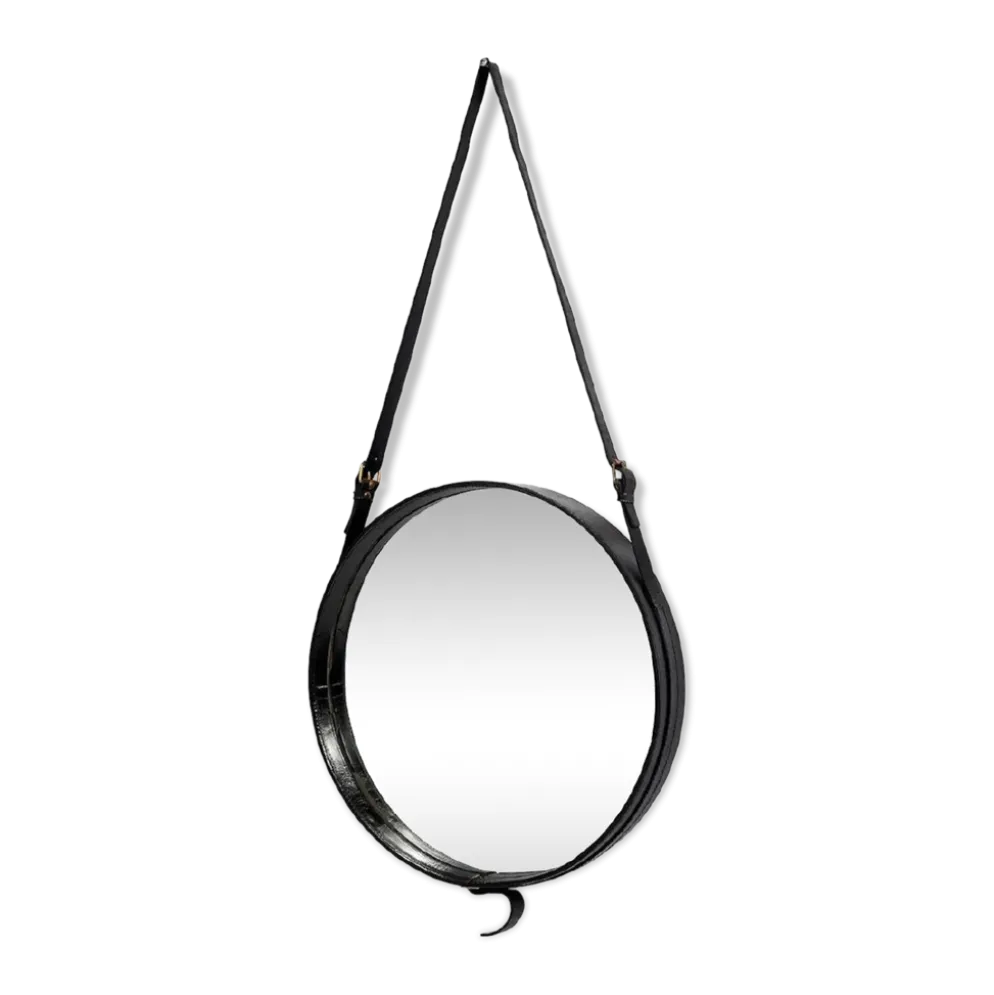 Jacques Adnet miroir circulaire cuir et laiton