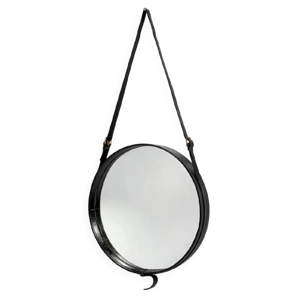Jacques Adnet miroir circulaire cuir et laiton