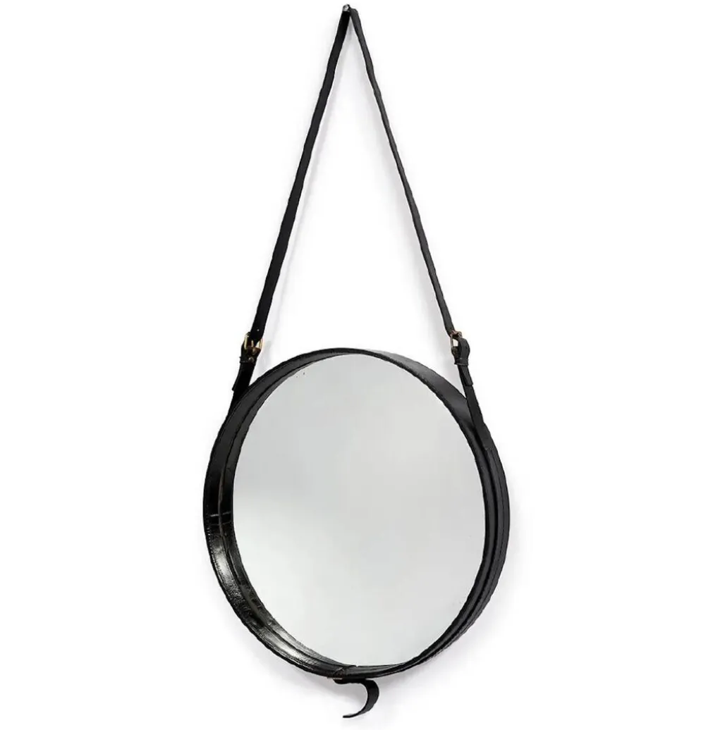 Jacques Adnet miroir circulaire cuir et laiton