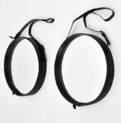 Jacques Adnet paire de miroirs circulaires cuir et laiton