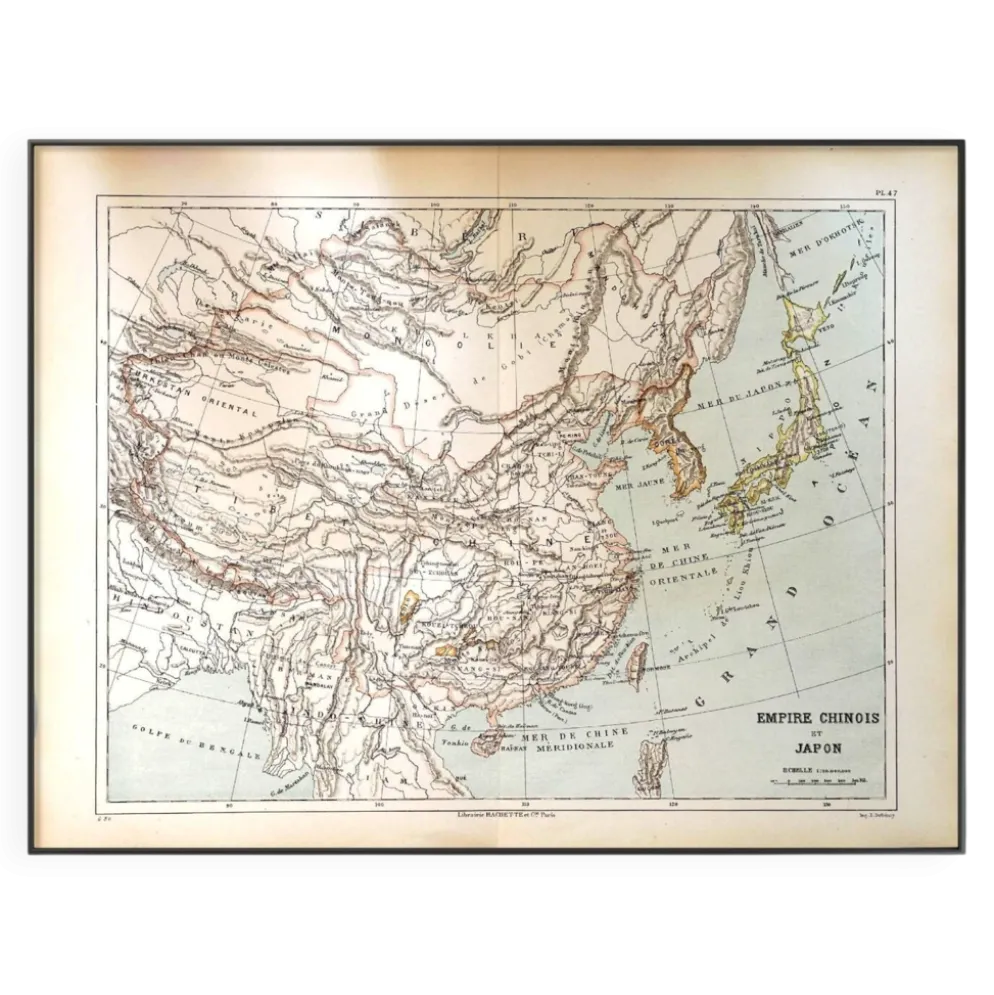 Japon et Chine, carte ancienne 1887 – Carte géographique vintage.