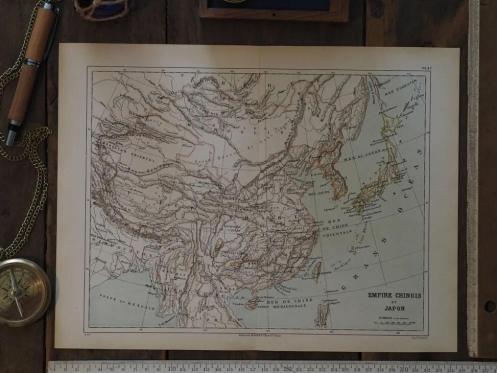 Japon et Chine, carte ancienne 1887 – Carte géographique vintage.