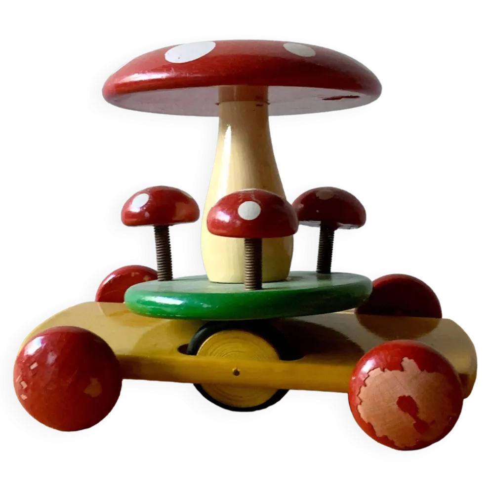 Jouet à tirer en bois vintage - Champignon - 1960