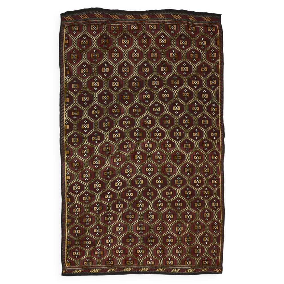 Kilim Turc Yoruk Vintage 177x294 cm Geometrique Marron et Jaune