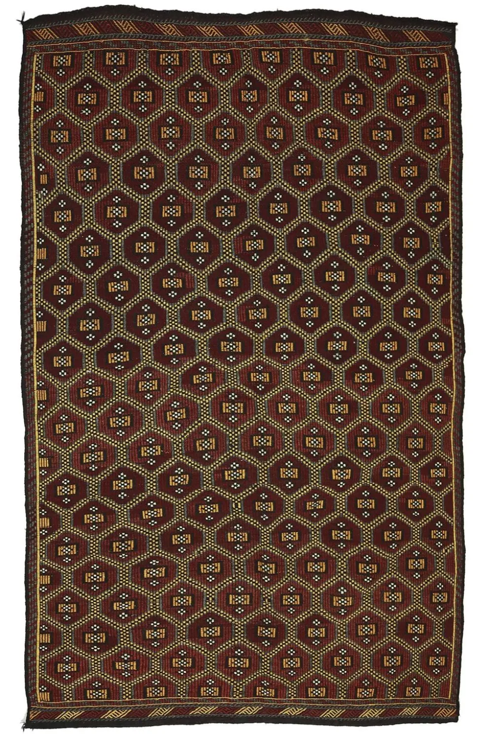 Kilim Turc Yoruk Vintage 177x294 cm Geometrique Marron et Jaune