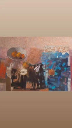 La coupe de fruits. Grande huile sur panneau 130 x 90cm .Ange Tomaselli