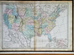 Les États-Unis, carte imprimée en 1879. Vintage Authentique.